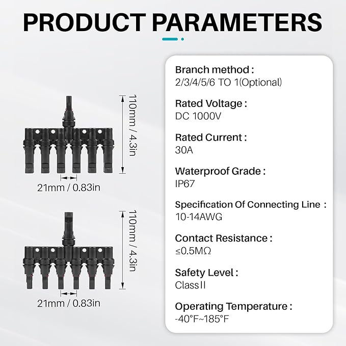 Solar Panel Connector 6 to 1 T Branch Parallel Adapter, 30A 1000V 10AWG Tool-Free IP68 Waterproof Cable for Solar Panels (T Branch, 6to1(1Pairs))