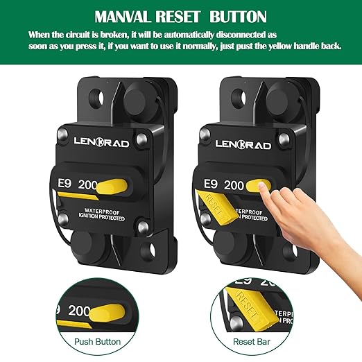 LENKRAD 200amp Marine Circuit Breaker Resettable 200A with Manual Reset Switch Button for Boat Trolling RV Yacht, 12V - 48V DC, Waterproof, Surface Mount(200 Amp Boat Circuit Breaker)