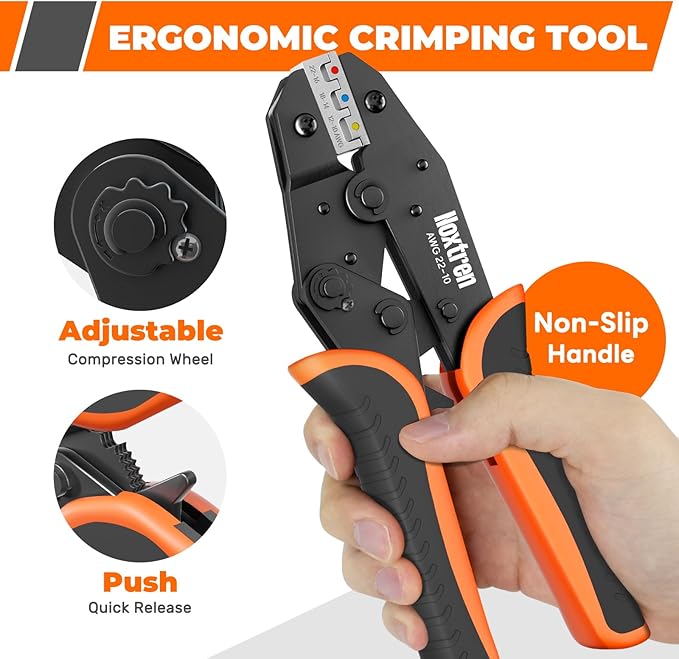 6PCS Wire Crimping Tool Set - Ratchet Wire Crimper Tool for Heat Shrink, Insulated Nylon, Non Insulated, Open Barrel, Ferrule, Solar Connectors