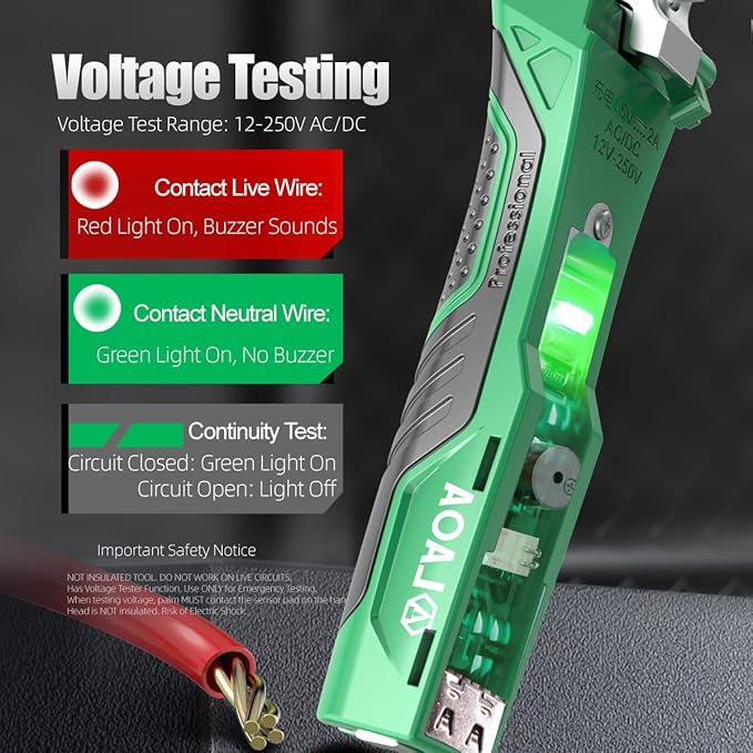 LAOA 8-in-1 Rechargeable Electrician Pliers with Voltage Tester, USB-C Charging – AC/DC 12-250V Non-Contact Detector, Wire Stripper/Cutter/Splitter for Electrical, HVAC, Automotive