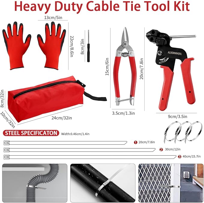 Metal Zip Tie Tool 300PCS (100 Each: 7.8/12/15.7 Inch) Stainless Steel Cable Tie Gun Kit | Self-Locking Fastening & Cutting Tool Metal Zip Tie Gun for Fencing, Exhaust Pipes, Automotive (Red)