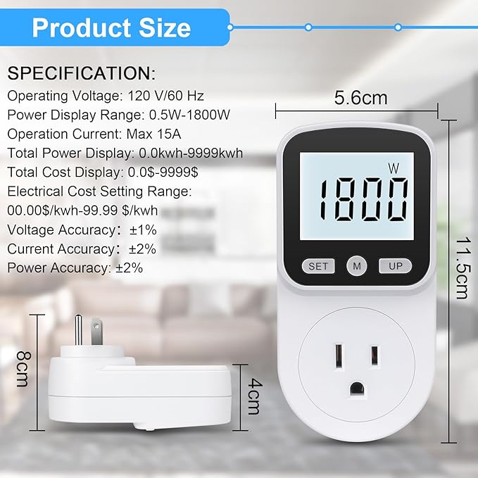 Upgraded Watt Meter Power Meter Plug Home Energy Monitor Electricity Usage Monitor, Electrical Usage Monitor, Energy Voltage Amps Meter Tester with Backlight, Overload Protection, 8 Display Modes