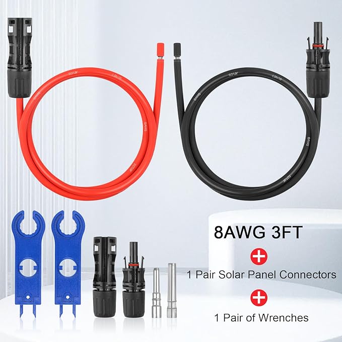 8AWG Solar Extension Panel Cable - 3FT PV Wire with Waterproof Female and Male Connector and Adaptor Kit Tool PV Wire for RV, Home, Boat, Solar Panels(3feet Red + 3feet Black)
