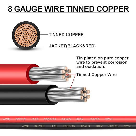 Battery Cable - iGreely 8 AWG 8 Gauge Wire Made with Tinned Copper Wire Battery Power Inverter Cables with 5/16" Lugs Terminals for Solar Panel Automotive Motorcycle RV Marine 4ft/1.2m