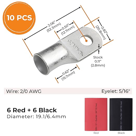 SELTERM 10pcs - 2/0 Awg - 5/16" Stud - Battery Lugs - Ring Terminal Connectors with 12pcs 3:1 Black & Red Heat Shrink Tubing with Adhesive | Heavy Duty Battery Cable Ends - Tinned Copper Wire Lugs Kit
