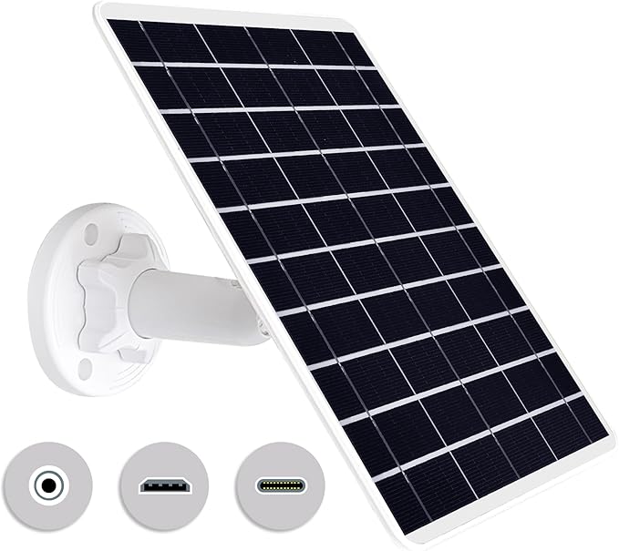 8W Solar Panel Compatible with Rechargeable Battery Powered Cam, for Security Camera Outdoor, 5V Camera Solar Charger Waterproof with Micro USB/USB-C Port/DC 3.5mm 3in1 Cable, 360° Adjustable Bracket