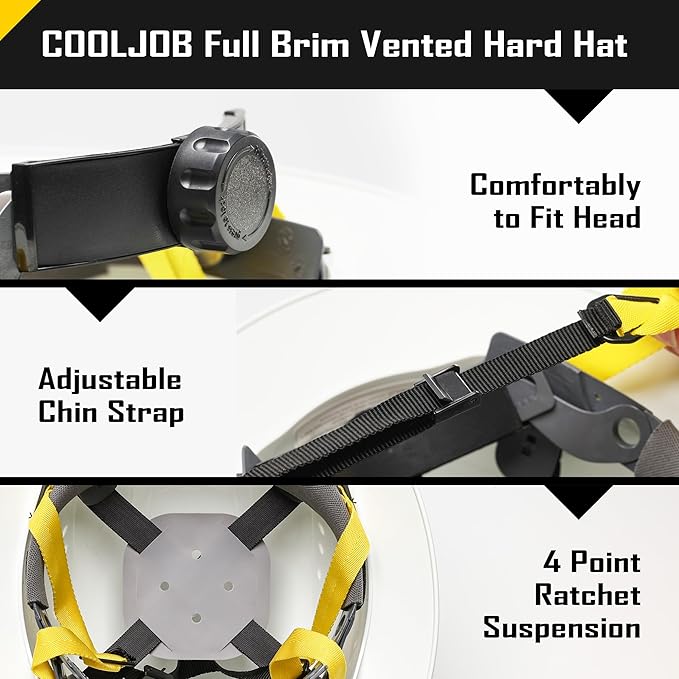 COOLJOB Full Brim Hard Hat, OSHA Construction Work Approved, HDPE Safety Helmet with 4 Point Adjustable Ratchet Suspension, Class E, G & C