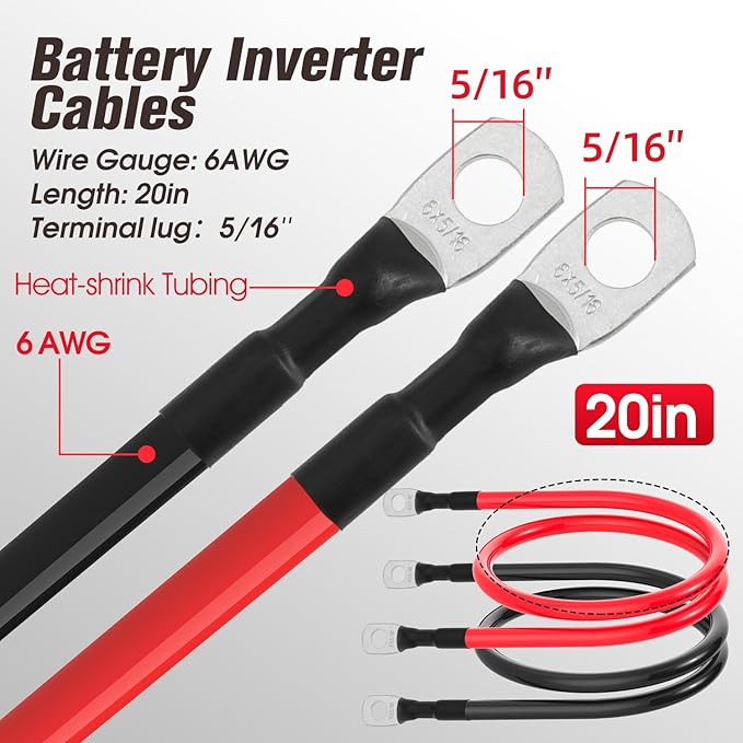 6 AWG Battery Cable 6AWG Gauge Battery Inverter Cables for Automotive Solar Marine Boat RV Car Motorcycle (6 AWG, 20in, 5/16")