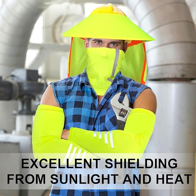 Hard Hat Sun Shade with Full Brim Visor, Shield Your Neck from Sun, Men's Construction Accessories for Hardhat Hats UV Sunshade Helmet Attachment with Reflective Strip, 2 pcs Set
