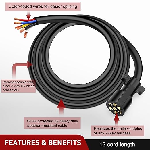 Nilight 12Feet 7way Heavy Duty 7 Pin Plug Inline Trailer Cord for Truck Camper Blade Molded RV Cable Wire Weatherproof & Corrosion Resistant-12FT, 2 Years Warranty