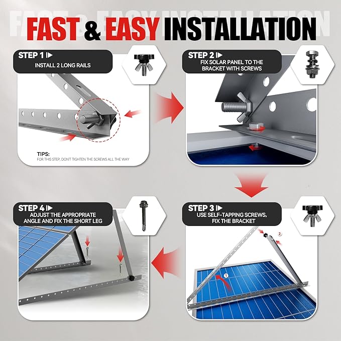 Adjustable Solar Panel Mount Brackets, 2 Sets(4 Pack) 45inch Solar Panel Mount Stand with Foldable Tilt Legs, Suitable for 2-4pcs 100-500 Watt Solar Panel for Roof, RV, Boat, and Off-Grid