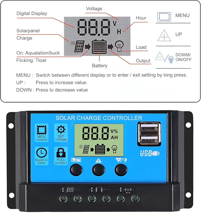 2pcs 30A Solar Charge Controller 12V/ 24V Solar Panel Charge Controller Intelligent Regulator with 5V Dual USB Port Display Adjustable Parameter LCD Display and Timer Setting ON/Off Hours