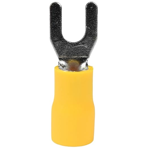 PAPUGA 25PCS 12-10 AWG (4-6 mm2) #8 / M4 Wide Version Insulated Fork Spade Crimp Connector, 600V 48A, CE RoHS Battery Cable Lug Heavy Duty Crimp Connector, Automotive Wiring