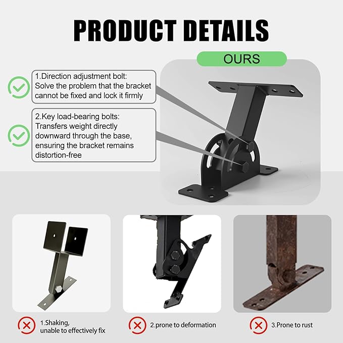 Heavy Duty Roof Riser Brackets Kit, 3 Pcs, Adjustable Angle Pergola Brackets, Black Powder-Coated, Carbon Steel, Wall Mount
