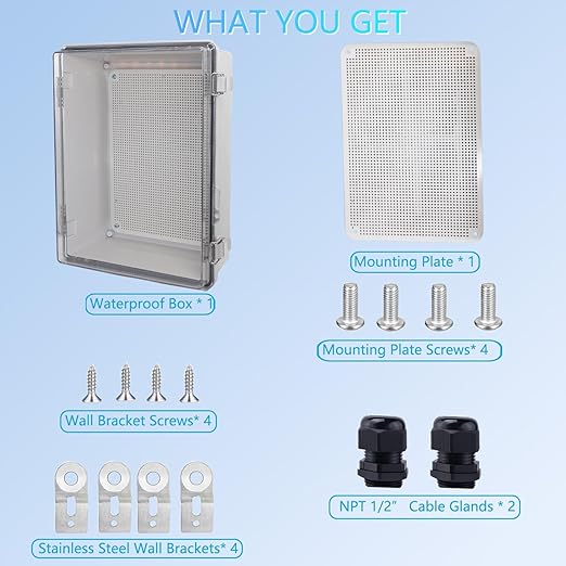 IP67 Waterproof Junction Box, ABS Plastic Electrical Enclosure with Stainless Steel Latch, Hinged Cover Electric Box with Mounting Plate, Wall Brackets & Cable Glands 380x280x130mm