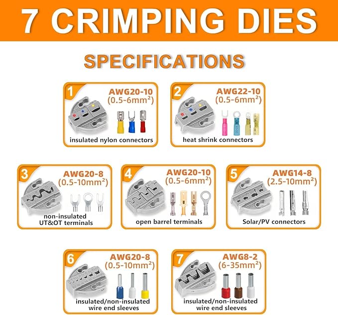 KF CPTEC Heavy Duty Crimping Tool Set, 9PCS Ratcheting Wire Crimper with Interchangeable Jaws, AWG 22-2 (0.5–35mm²), for Ferrules, Heat Shrink, Open Barrel, Insulated & Non-Insulated Terminals, Solar