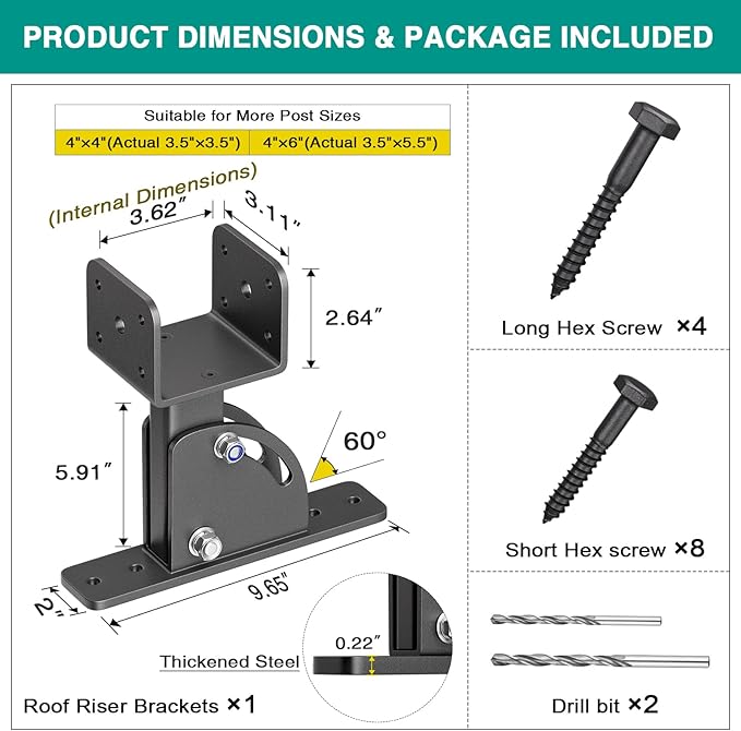 Pergola Brackets 4x4 (Actual Size:3.5"×3.5") Adjustable Angles Saddle Roof Riser Brackets for Patio Cover 304 Stainless Steel Pergola Bracket Kit Patio Roof Riser Patio Kit, 1Pack