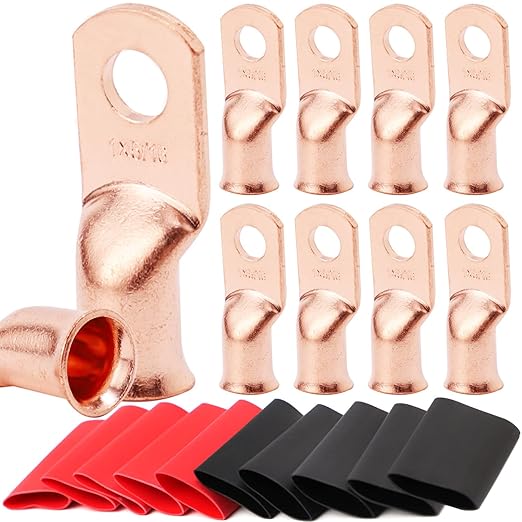 TKDMR 10pcs 1 AWG-5/16 Battery Lugs,Heavy Duty Wire Lugs,Ring Terminals,Battery Cable Ends,0 Guage terminals,Battery Terminal Connectors with 10pcs 3:1 Heat Shrink Tubing