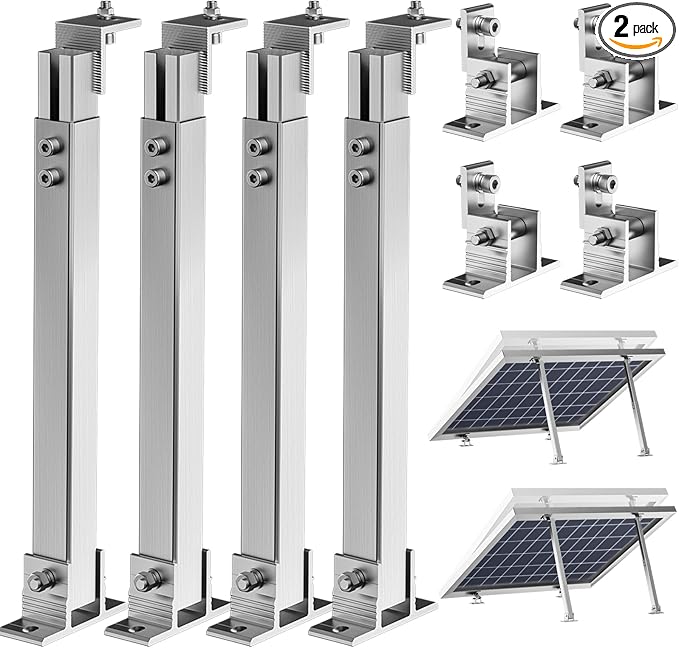 2 Set Adjustable Solar Panel Tilt Mount Brackets Aluminum Alloy Mounting Bracket Stand Systems Support 50W 70W 100W 150W 200W 300W 400W Panels for Roof/Boat/Flat Surface