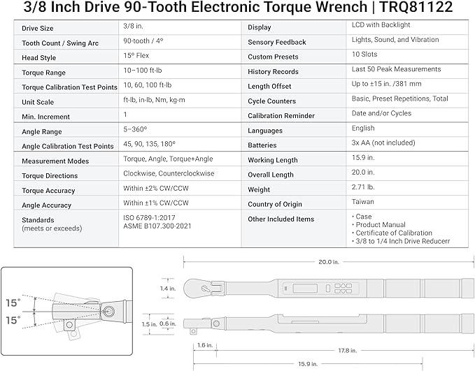 TEKTON 3/8 Inch Drive 90-Tooth Flex Head Dual-Direction Electronic Torque Wrench (10-100 ft-lb) | TRQ81122