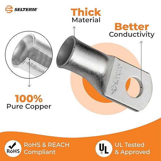 SELTERM 10pcs 1/0 AWG-5/16" Stud Tinned Copper Wire Lugs, Heavy Duty Battery Cable Ends,0 Gauge Ring Terminals, UL Battery Lugs Marine Grade Copper Eyelets Electrical Battery Terminal Connectors
