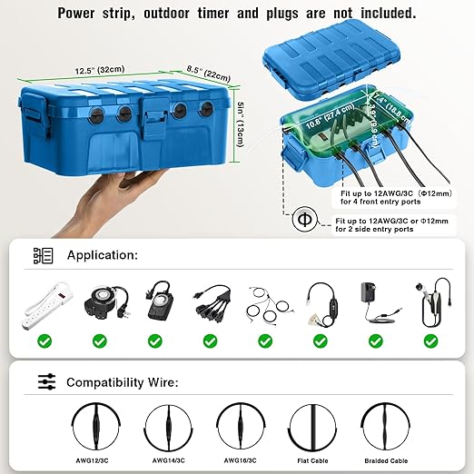 Flemoon Large Outdoor Electrical Box (12.5 x 8.5 x 5 inch), IP54 Waterproof Outdoor Extension Cord Cover Weatherproof, Protect Outlet, Plug, Socket, Timer, Power Strip, Holiday Light Decoration, Blue