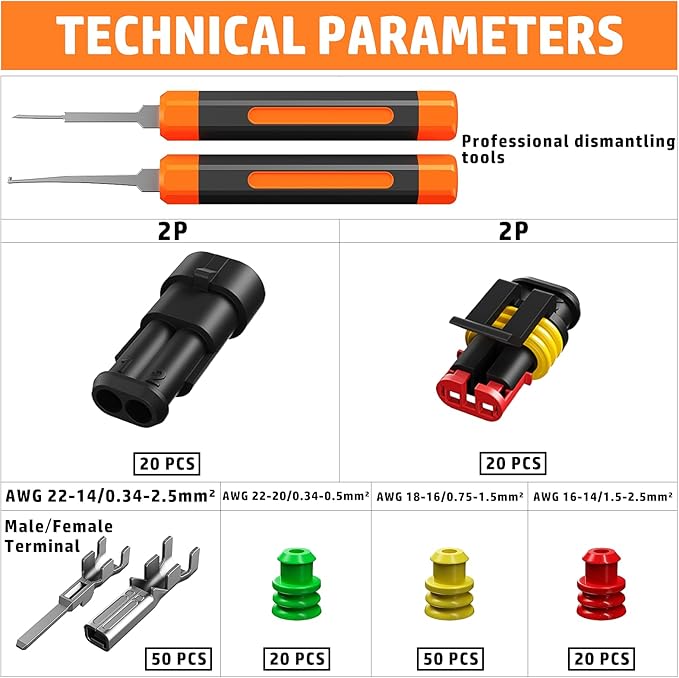 PEBA Waterproof Automotive Electrical Connectors Kit, 20 Sets Automotive Male/Female 2-Pin Connector Plug and Ratchet Crimping Tool AWG 22-14, Ideal for Cars, Motorcycles & Boats | Pin Removal Tool