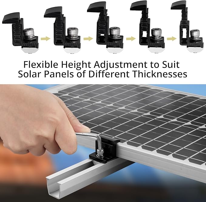 Anbte 10pcs Solar Panel Mounting Brackets 30-50mm Adjustable, Aluminum Solar Panel End Clamp Include 10*Screw M8 and 1*Wrench, Solar Mount Kit for Metal Roof, Tin Roof, Flat Roof, Sheet Roof, Black