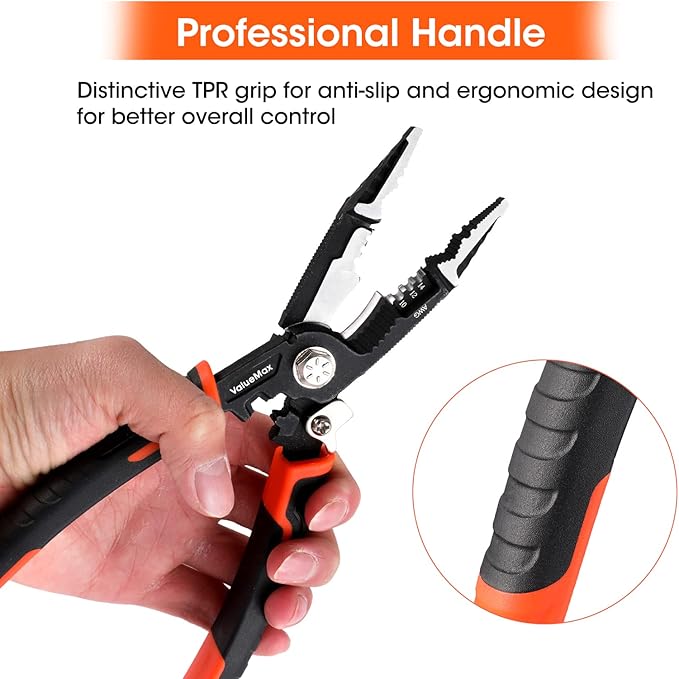 ValueMax 6-in-1 Wire Stripper and Crimping Tool, 8.5" CR-V Multifunctional Professional Cutter for Electric Cable