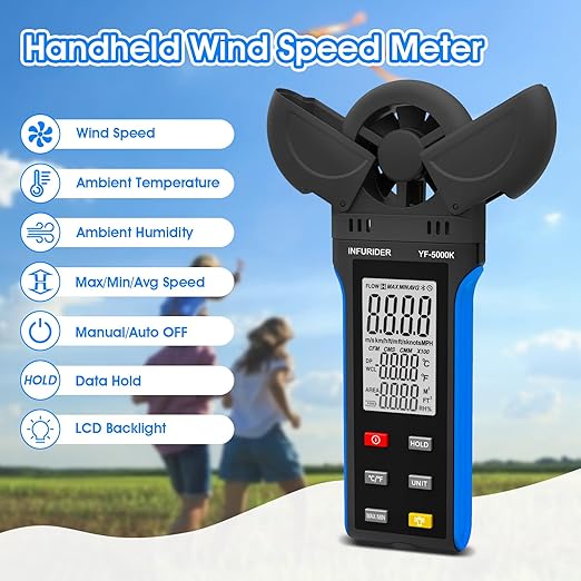 Digital Anemometer Wind Speed Meter, 6-in-1 Wind Gauge for Velocity/Temperature/Relative Humidity, Auto-Off with Data Hold, LCD Backlight, for Shooting, Sailing