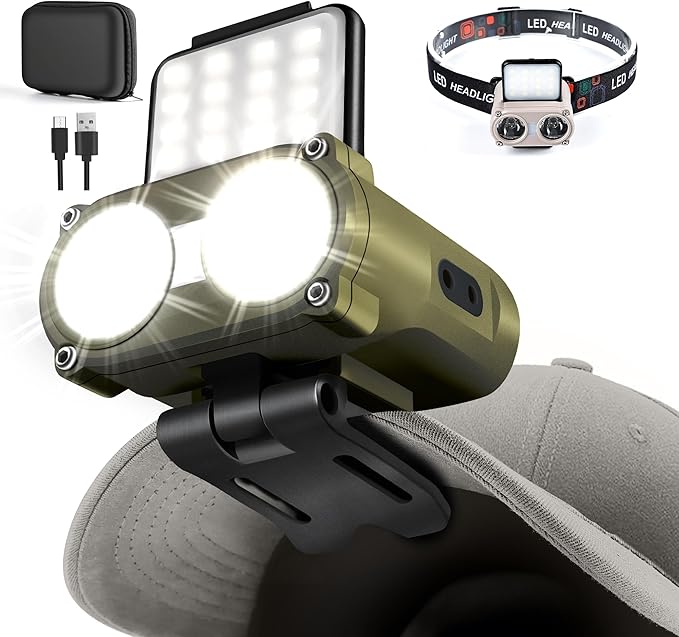 LED Hard Hat Light, 800Lumens Rechargeable Dimmable Clip on Cap Lights, 180°Adjustable Hat Flashlight Headlamp Waterproof for Running, Camping, Hunting, Cycling (Olive Green)