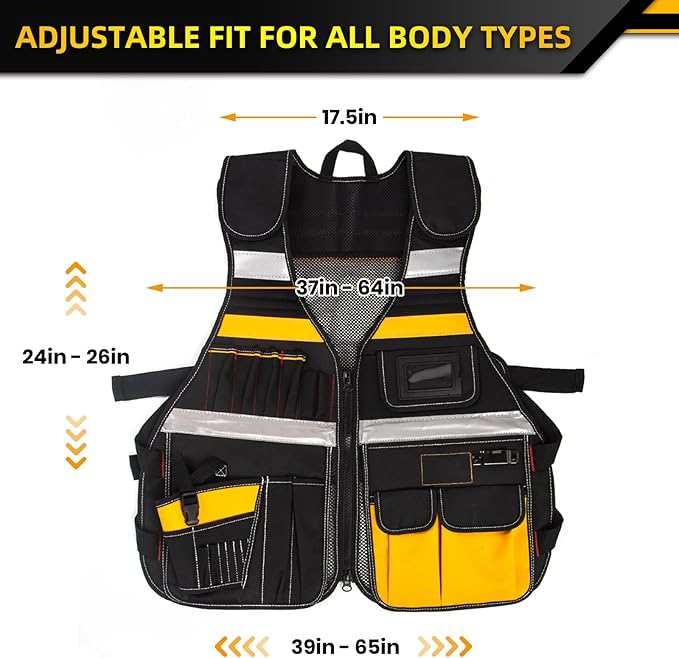 Electrician Tool Vest, Electrician Vest for Men, 21 Compartments, Reflective Workwear with Drill Holster, Adjustable Waist & Upgraded Comfortable Neck Opening