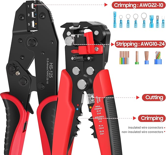 Kuject Wire Stripper and Crimping Tool Kit, 3 in 1 Self-Adjusting Wire Stripping for 10-24 AWG with Crimping Tool Set for Heat Shrink Connectors AWG22-10