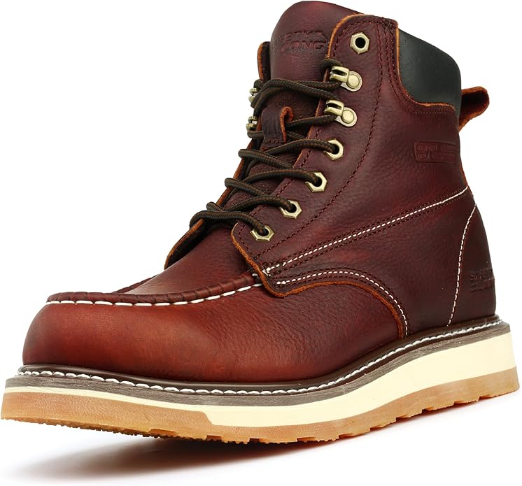 Moc Toe Work Boots for Men Waterproof Soft/Steel Toe Comfortable Full Grain Leather Non Slip Wedge Outsole Construction 6" Workboots