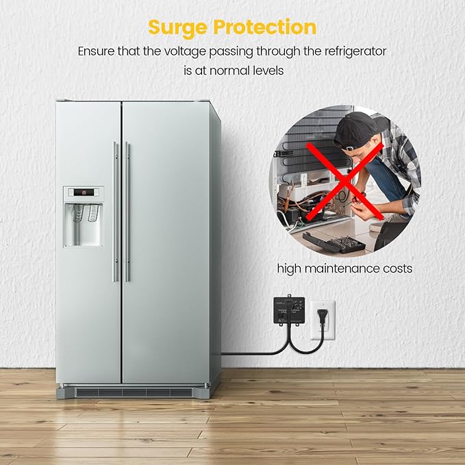 Ortis Refrigerator Surge Protector & Power Failure Alarm, Protects Against Voltage Abnormalities, with LED Indicator Light & 110dB Alarm, Ideal for Refrigerators, Freezers, and Sewage, Black