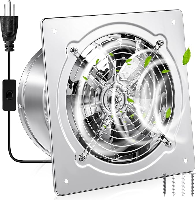 8 Inch Exhaust Fan 576 CFM Kitchen Exhaust Fan with Switch Small Bathroom Potable Plug in Garage with Damper for Shop, Smoking Room, Industrial Ventilation Use, Silver