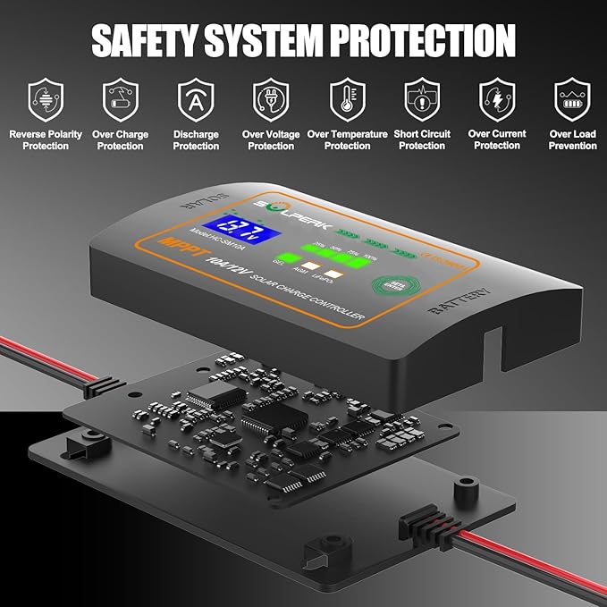 SOLPERK 10A 12V MPPT Solar Charge Controller with LCD Display, Intelligent Solar Panel Controller Portable Solar Panel Regulator for Gel AGM Lead-Acid Lithium LiFePO4 Battery