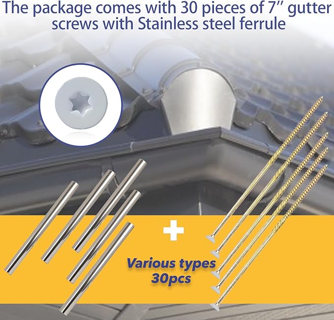 30 Sets Gutter Screws White 3304719PK 7-Inch with Stainless Steel Ferrule Durable Gutter Nails and Spikes Easy-to-Install Secure Gutter Fasteners for Renovation and Maintenance of gutters
