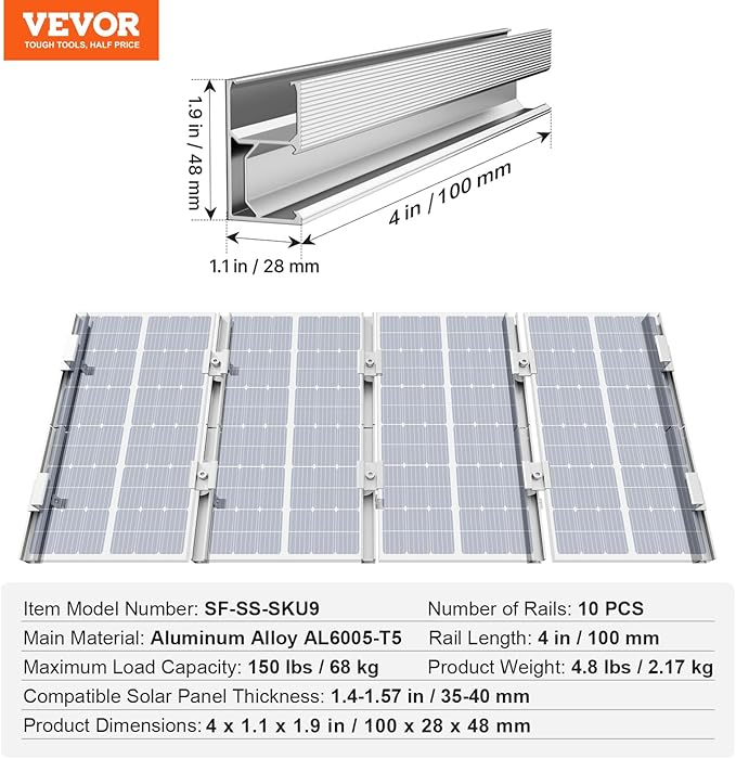 VEVOR Solar Panel Mounting Brackets, Solar Panel Mount Kit with 10 x 4 Mini Rails, 4 End Clamps and 6 Mild Clamps, for Metal Roof, Concrete Roof, Wood Roof, Tile Roof