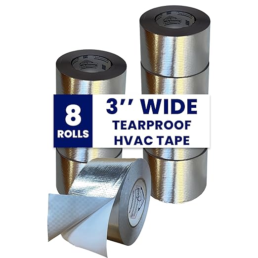 BlueTex Insulationㅤ HVAC Aluminum Foil Tape 3 inch x 150 ft (6 mil), Professional Grade Silver Metallic Tear-Proof HVAC Tape, Heavy Duty Aluminum Tape for Ductwork, Dryer Vent & Insulation - 8 Rolls