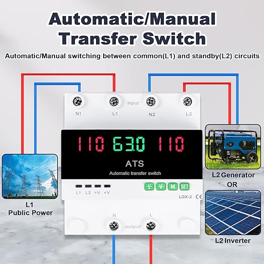 63A 110V Automatic/Manual Transfer Switch, DIN Rail Mount 110V for Generator Backup Power & Gas Furnace, 50/60Hz, LED Display, CE Certified