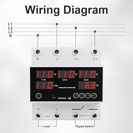 One-Click Setup Automatic Transfer Switch with Priority Phase L1＞L2＞L3, 4P 63A 110V 40/50/60/70Hz ATS Electrical Selector Switch Generator Changeover Switch V/A Protector Din Rail Mount