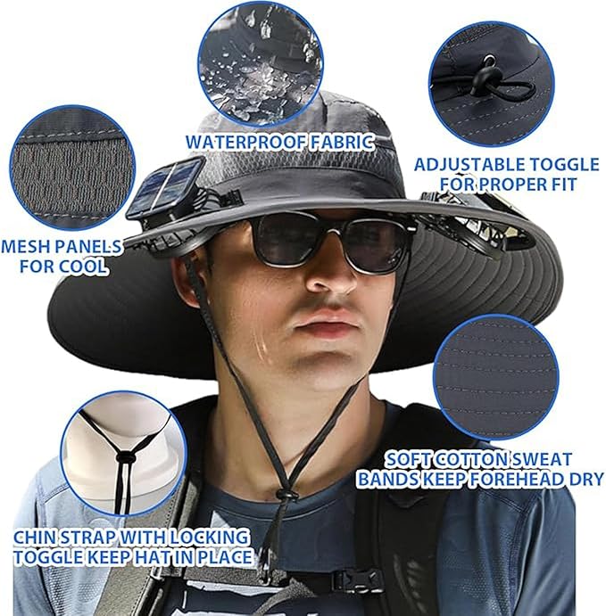 Solar Fan Hat,Wide Brim Sun Hat with 2 Solar Fan, Fishing Hat with Fan for Men, 3 Speed Adjustable Hat with Solar Fans Built in (Grey)