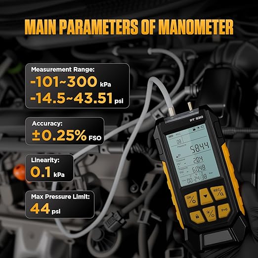 PT530 Manometer Gas Pressure Tester,HVAC Dual-Port High-Pressure Manometer Range of -100 to 300 KPa, 10 Units, Data Lock & Storage with Magnetic Back, Backlit Display,7 Adapters.