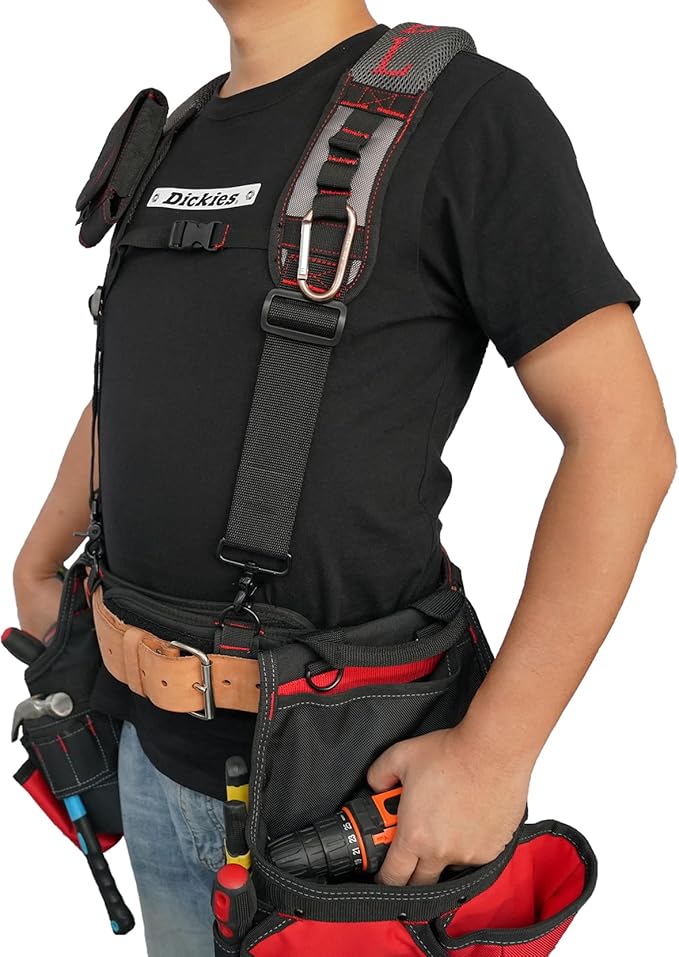 MELOTOUGH Gel Padded Tool Belt Suspenders Work Belt Suspender Tool Belt Suspenders with Gel shoulder for Electrician,Contruction,Carpenter (Trigger Snap Hook with Red Color)