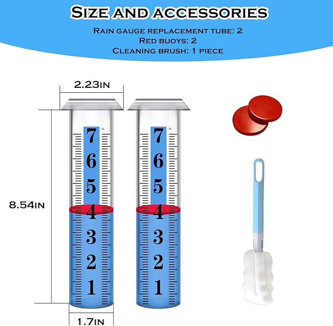 2PCS Rain Gauge Replacement Tube Plastic, Accurate Rain Gauge Outdoor, Thickened and Transparent 7" Capacity Tube with Blue Strip for Yard & Garden, 2 Rainfall Meter Tube with 1 Clean Brush