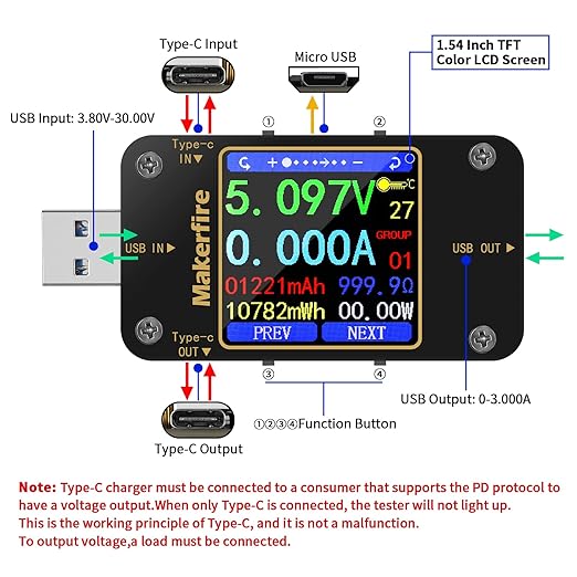 MakerHawk USB Multimeter USB Voltmeter Ammeter Load Tester USB Voltage Current PD Battery Power Capacity Charger Type C Meter Tester LCD Display Cable Resistance QC2.0/3.0/4.0 N20 1.54 Inch Screen