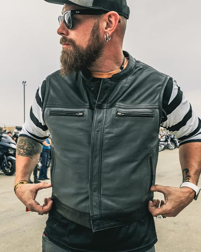 First Mfg Co Lowrider Mens Motorcycle Biker Riding Armor Club Style Black Leather, Twill, Moto Mesh, Perforated Vest