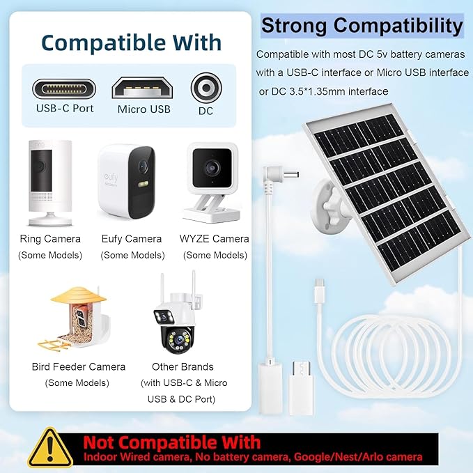 8W Solar Panel Charger for Outdoor Security Cameras, with Micro USB/USB-C and DC (35 x 135) Port, Fits Ring/Eufy/Wyze/Bird Feeder Camera, 13ft Cable, Fast Charging (1 Pack)