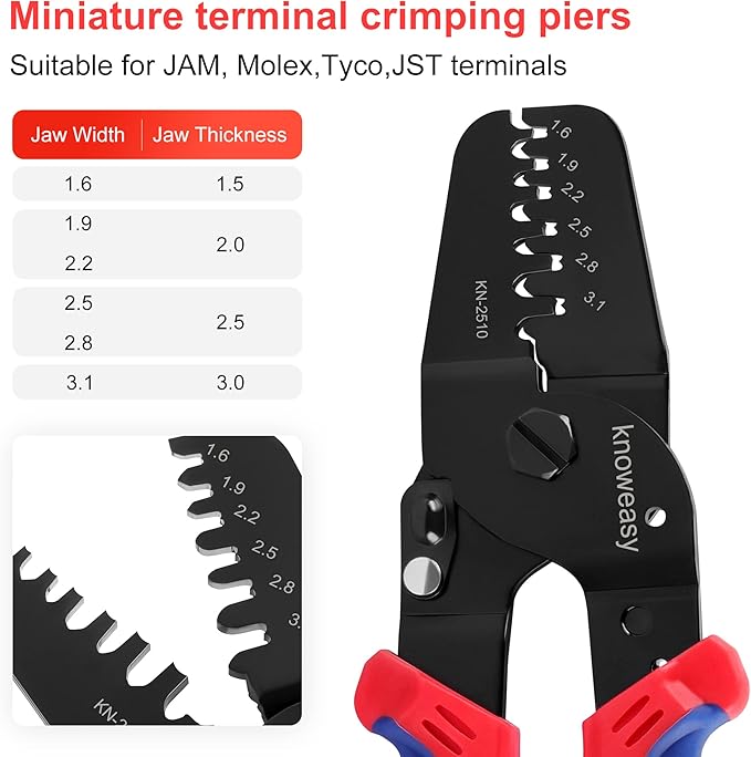 Knoweasy JST Crimper and Molex Crimper Works on AWG24-12/0.21-3.31mm² JAM, Molex, Tyco, JST Terminals and Connectors for FPV, Drone Servo Model KN-2510